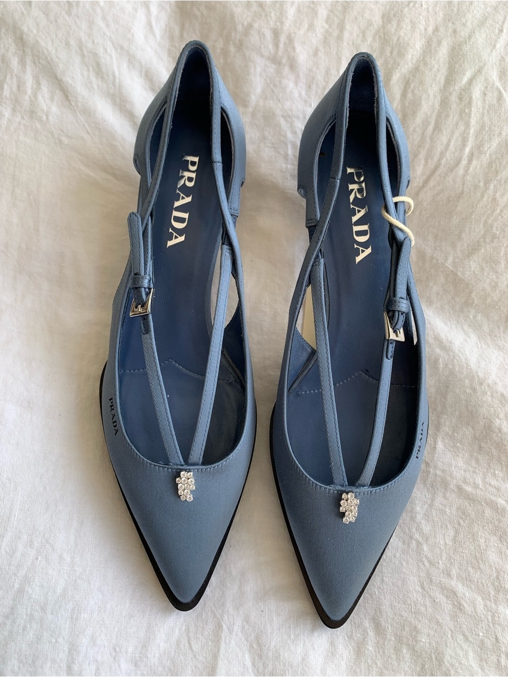 Prada Crystal Satin Crisscross Buckle Pumps Pointy Toe Kitten Heels Light Blue
